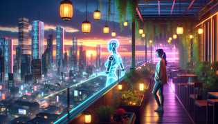 Lia and A.R.I.A. overlooking Neural City at dusk