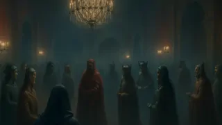 Prächtig geschmückter Ballsaal mit samtroten Wänden, erleuchtet von elaborierten Kerzenständern, während elegante maskierte Gäste tanzen.