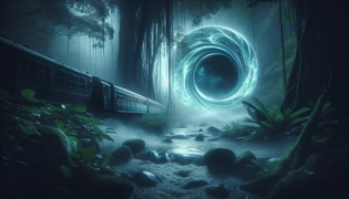 Phantom train disappearing into a shimmering portal beyond the jungle