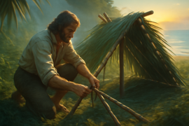 Crusoe construisant un abri de fortune avec du bambou et des feuilles de palmier sous une voûte tropicale