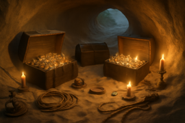 Historic wooden chests filled with gold coins and documents in a hidden dune cavern