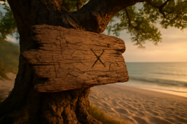 Weathered driftwood map nailed to a dune oak at Crystal Beach