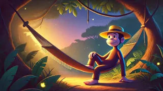 O George Curioso descansando sob uma árvore, pensando em aventuras.