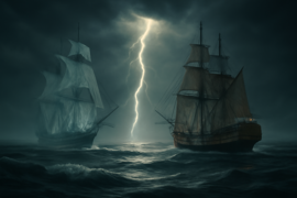 A merchant ship pursued by the spectral phantom ship in stormy seas at night