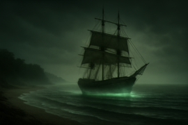A ghostly ship illuminated by an uncanny green glow as it glides over dark waters