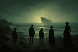 The pale glow of the ghost ship hovering off the Cape of Good Hope against a starless sky