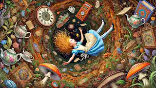 Alice falling down a rabbit hole surrounded by floating objects like books, teacups, and clocks in a swirling tunnel.