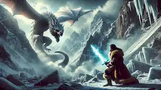 King Gesar battles a colossal dragon in the icy peaks of the Altai Mountains, wielding his glowing enchanted sword.