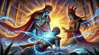 Prince Bantugan is revived by King Madali and Princess Datimbang, surrounded by magical energy as the sun rises in the background.