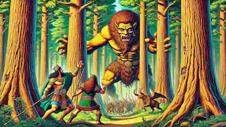 Gilgamesh and Enkidu confronting the demon Humbaba in the Cedar Forest. The forest is dense with towering cedar trees, and Humbaba is depicted as a fearsome creature.