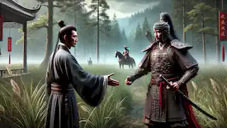  Song Jiang extends his hand to welcome Lin Chong to the brotherhood in the misty marshlands of Liangshan.