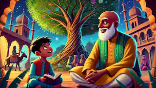 Hasan Kachal, bald and determined, sitting with a young boy under the shade of the magical tree.