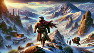  Arash climbs a snowy mountain path, battling harsh winds as he ascends.