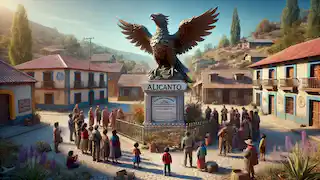  Villagers gather around the monument to the Alicanto in the village square.