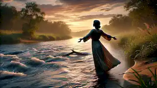 A woman stands by a calm river at sunset, with arms raised slightly, surrendering to the peaceful flow of life.