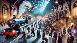 Students in robes arriving at a wizarding school train station, with a steam train and magical creatures.