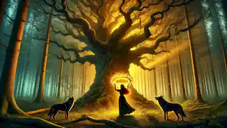 A young woman places a glowing crown on her head beneath a massive oak tree, surrounded by watching wolves.