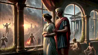 Pandora and Epimetheus stand together in their Greek home, reflecting on the chaos outside but holding on to hope.