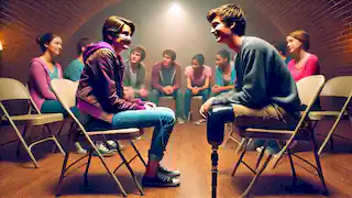 Hazel and Augustus meet for the first time in a cancer support group, surrounded by other teens in a dimly lit room.