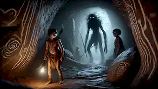 Jara and the Turramulli venture into a dark cave with ancient markings and a glowing stone.