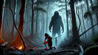 Walu kneels before the towering Yowie, offering his spear in surrender in a shadowy Australian forest at twilight.