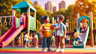 A child stands up for a friend on a playground, offering support and comfort.