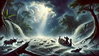 Sumé steering a canoe filled with animals through floodwaters under stormy skies, symbolizing hope and renewal