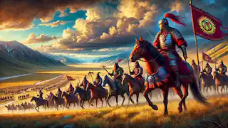 Manas and his warriors ride across the Kyrgyz steppes, uniting the tribes under his leadership.