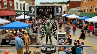 A lively Mothman Festival in Point Pleasant with vendors, visitors, and Mothman-themed decorations in celebration.