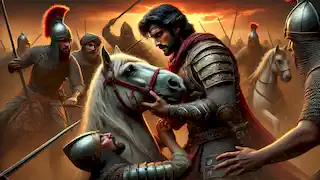 Rostam shields his injured steed Rakhsh from attacking soldiers during a moment of betrayal.