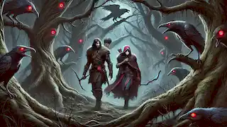 Erik and Astrid cautiously walk through the corrupted Black Forest, with glowing red eyes watching from the shadows.