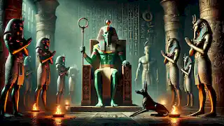 Osiris seated on his throne in the underworld, flanked by Anubis and Thoth, preparing to weigh a soul's heart.