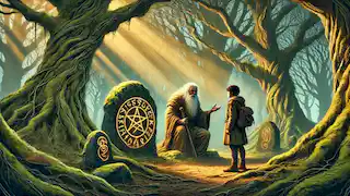 Eamon listens to a wise hermit in a forest clearing, who points to a glowing rune-carved stone as sunlight filters through the trees.