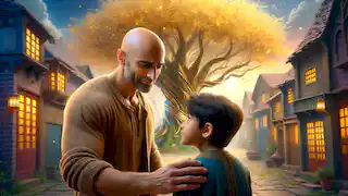 Hasan Kachal, bald and determined, placing a reassuring hand on the shoulder of the young boy who dreams of adventure.