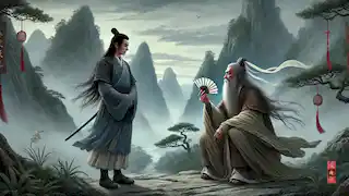 Lu Dongbin and Zhongli Quan meeting on a misty mountain path, with a serene river in the background.