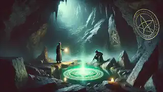 Two figures in a cave near a glowing enchanted pool, with eerie green light reflecting off the walls.