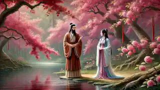 Lin Wei speaks with Mei by a serene pond surrounded by cherry blossoms in the Red Chamber.