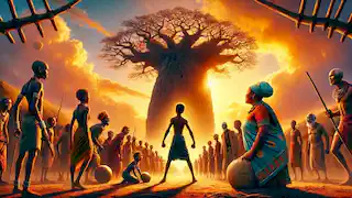 Sunjata Keita stands for the first time, uprooting a baobab tree while villagers watch in awe.