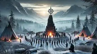 Nabro’s grand cairn surrounded by snow, with villagers paying homage amidst a serene winter landscape.