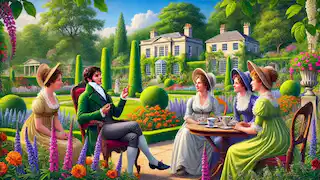 Mr. Wickham charmingly conversing with the Bennet sisters in a garden.