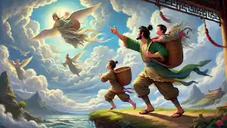 Niulang, carrying his children in baskets, flies toward the heavens to reunite with Zhinu