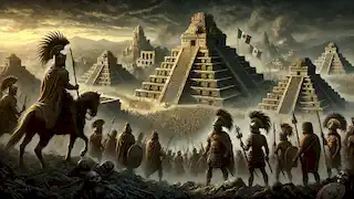 Ruins of Tenochtitlan smolder after the Spanish conquest, with conquistadors standing victorious as the Mexica mourn.