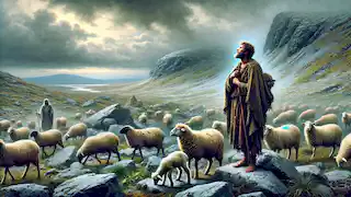 Young St. Patrick, in tattered clothing, tends sheep on a rugged hillside under a gray, overcast sky.