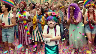 Julian, dressed as a mermaid, joins a colorful neighborhood parade celebrating diversity.