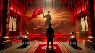 Lin Wei holds a blood-stained sword while witnessing a vision of a battlefield inside the Red Chamber.