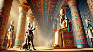 Anubis and Osiris together in the Hall of Two Truths, watching over souls being judged for the afterlife.