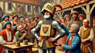 The Knight being mock-knighted by the innkeeper, with The Squire and inn guests watching.