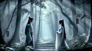 Wei and Mei meet in a forest clearing, sunlight filtering through the trees, sharing a magical moment of connection.