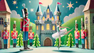 The steadfast tin soldier gazing at the paper dancer in front of the castle.