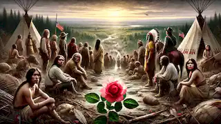 Cherokee people arriving at their new land with a Cherokee Rose blooming in the foreground.